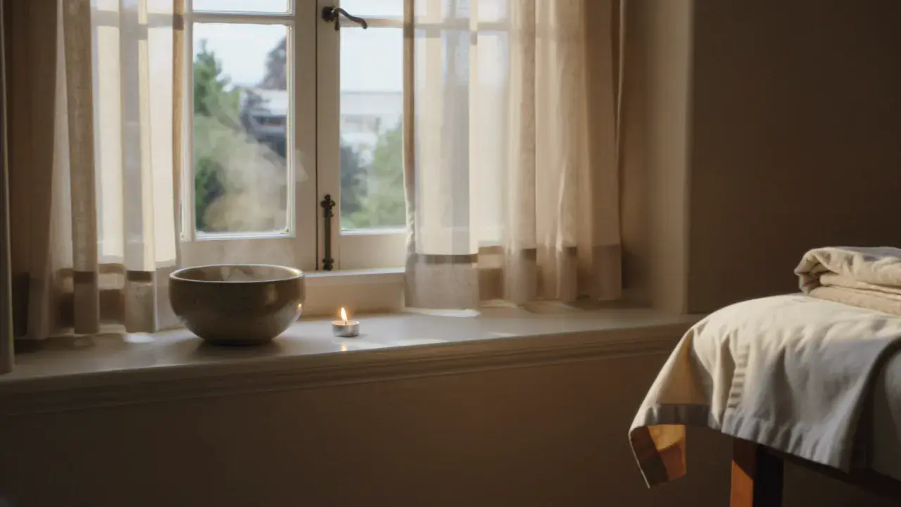 Morning light through a bay window at Studio Soothe, steam rising from a ceramic bowl beside a tea-light