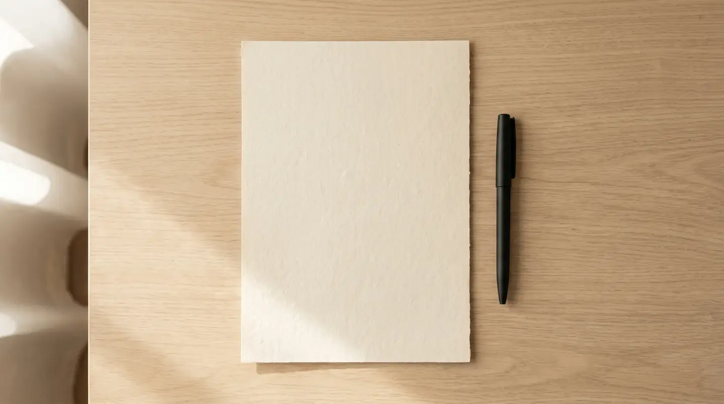 A sheet of cream laid paper and a pen on a pale oak desk in morning light