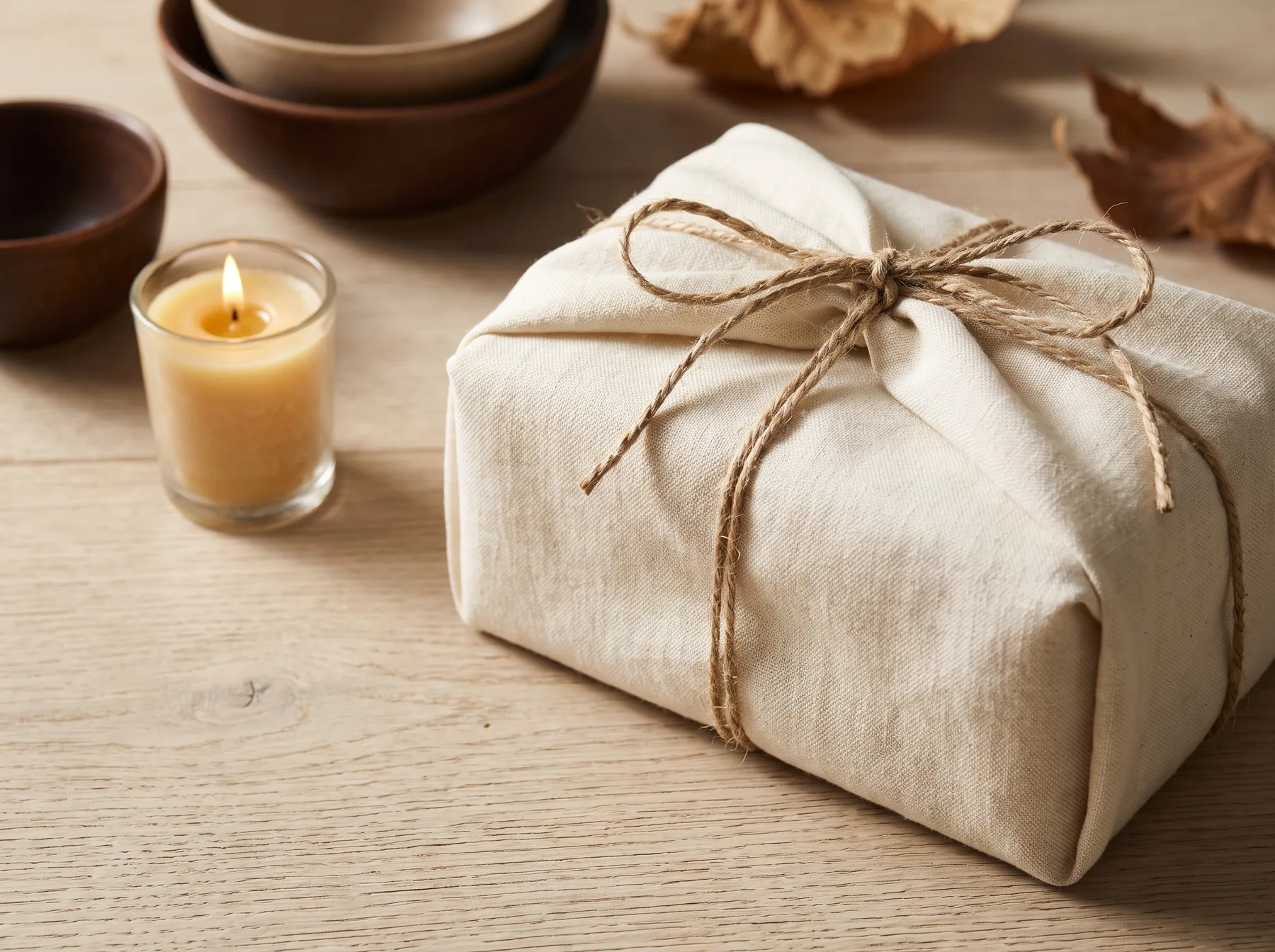 A gift wrapped in cream linen and tied with twine, a small votive candle burning beside it