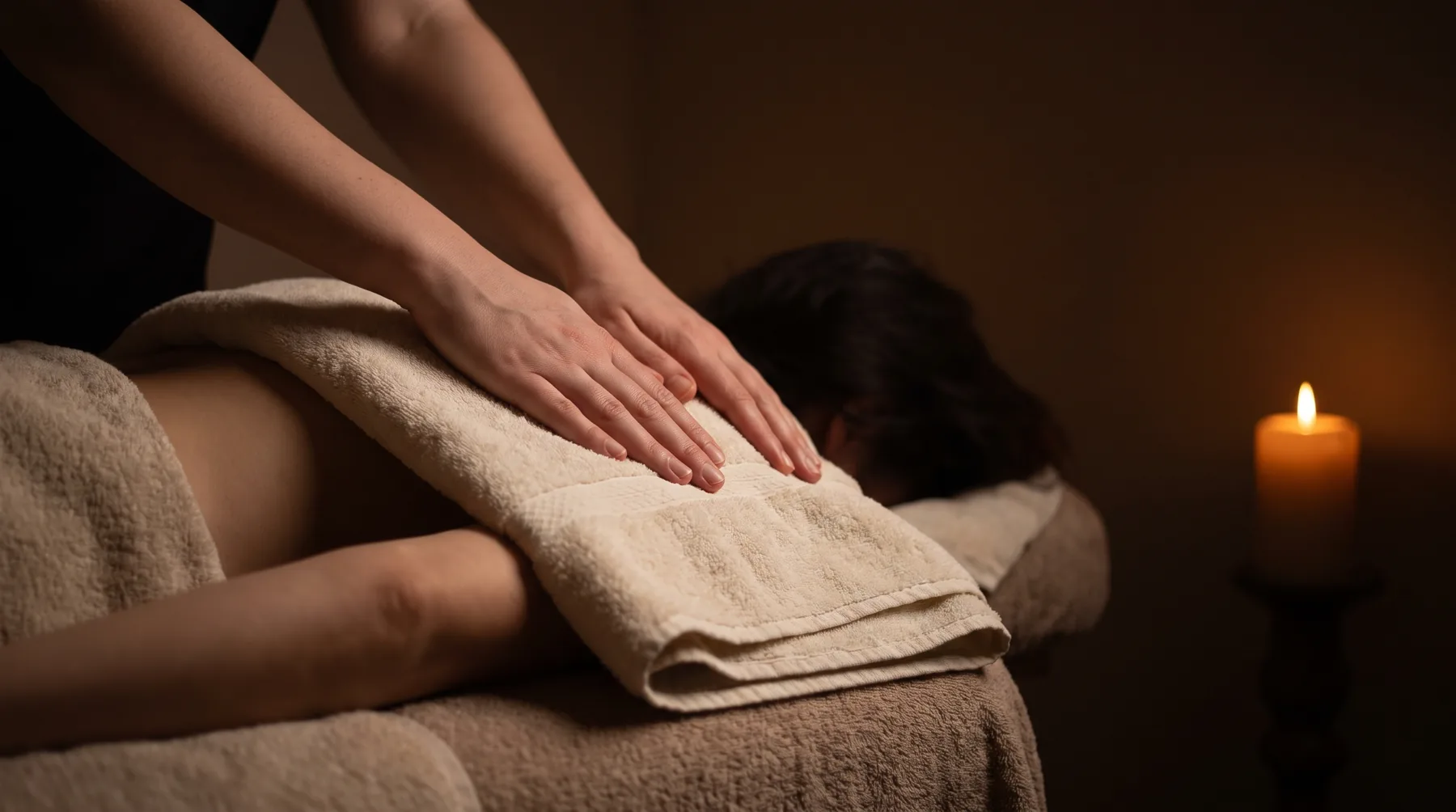 A therapist's hands resting on a warm folded towel across a guest's shoulder, lit by a single candle
