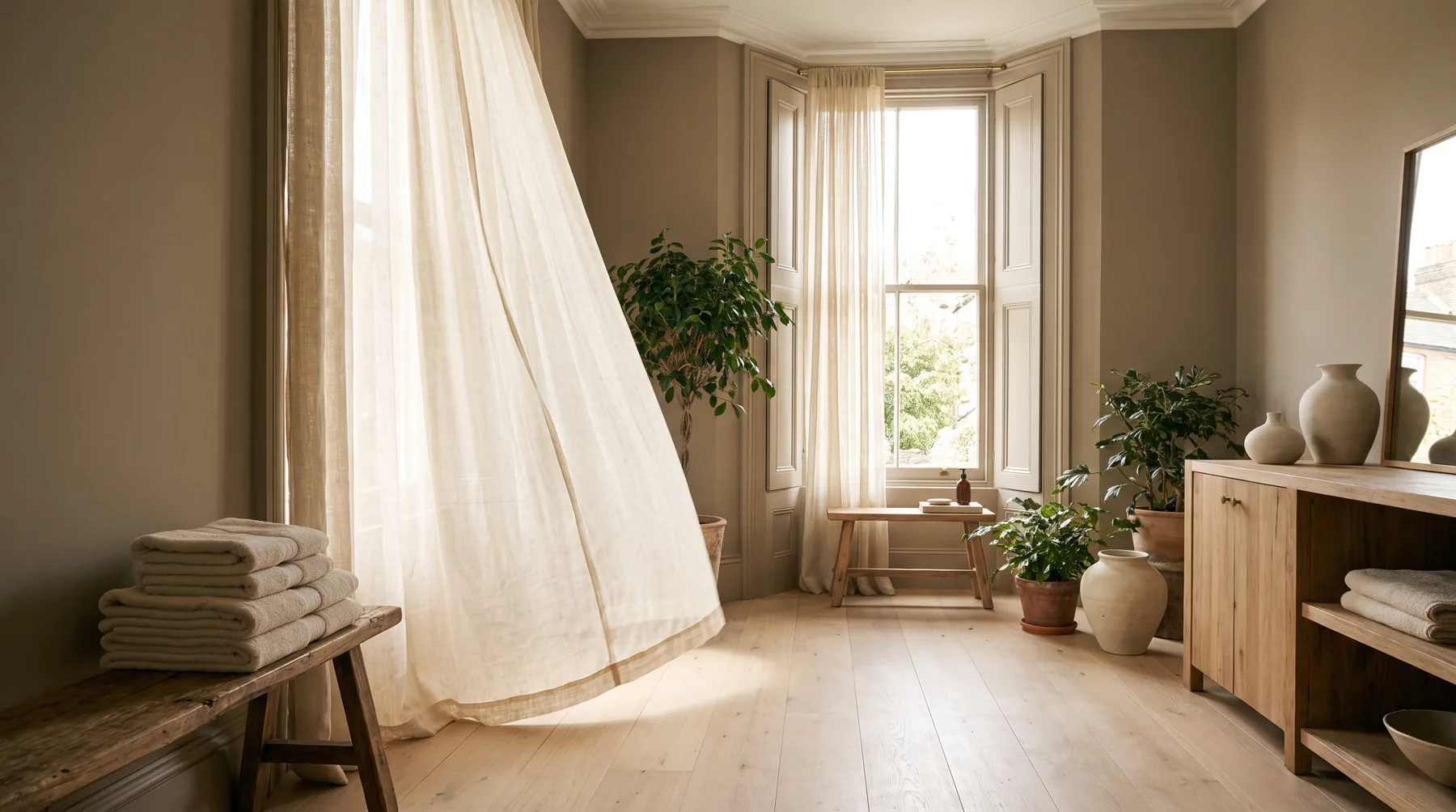 A sheer linen curtain lifting at a bay window in a sunlit treatment room