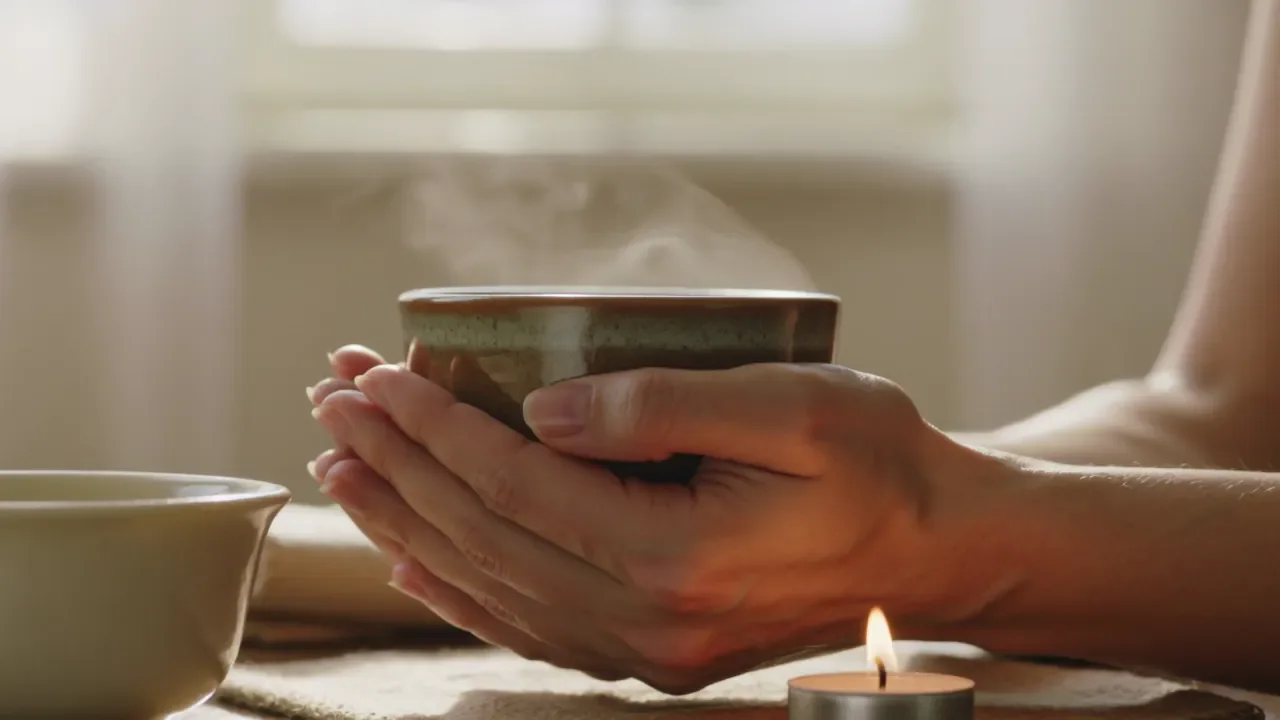 A therapist's hands cupping the steam rising from a ceramic bowl on a sunlit windowsill at Studio Soothe
