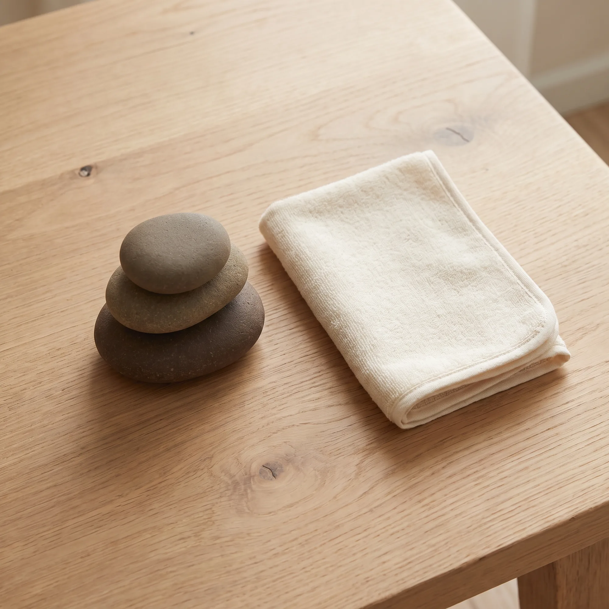 Three smooth river stones beside a folded cream washcloth on pale oak
